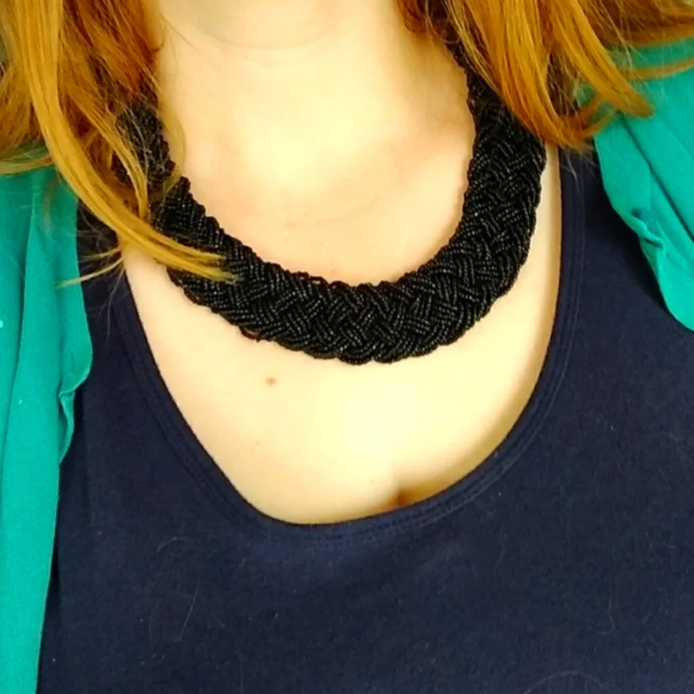 Black beaded braided statement necklace *3/$30 Sale*